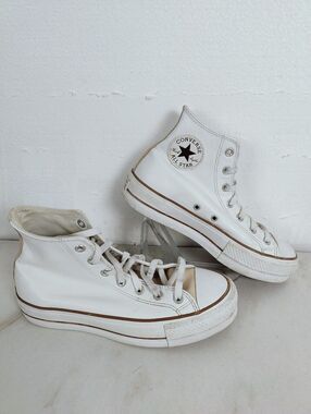 Converse All Star Platform Lift High-Top Sneakers White Tan Leather Heel Stripe,